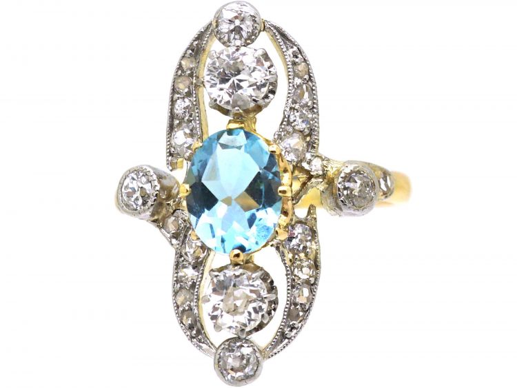 Edwardian 18ct Gold & Platinum, Aquamarine & Diamond Ring