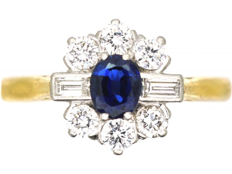 18ct Gold, Sapphire & Diamond Cluster Ring with Baguette Diamonds