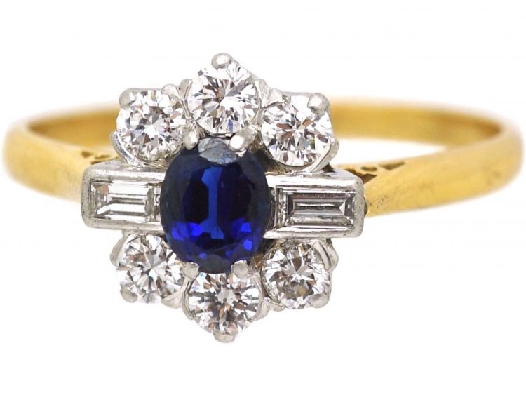 18ct Gold, Sapphire & Diamond Cluster Ring with Baguette Diamonds