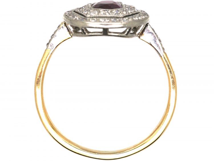 Art Deco 18ct Gold & Platinum, Ruby & Diamond Geometric Cluster Ring