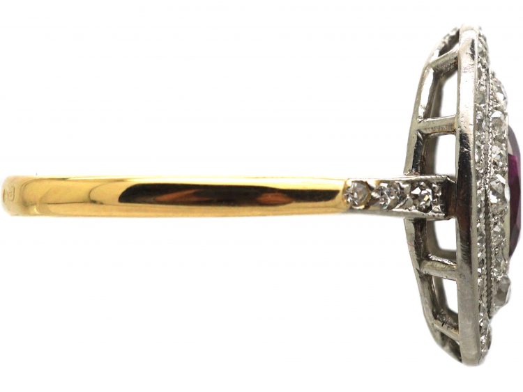Art Deco 18ct Gold & Platinum, Ruby & Diamond Geometric Cluster Ring