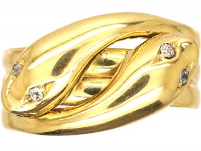 Edwardian 18ct Gold Double Snake Ring with Diamond Set Eyes