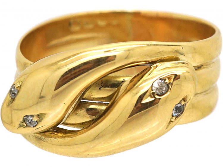 Edwardian 18ct Gold Double Snake Ring with Diamond Set Eyes