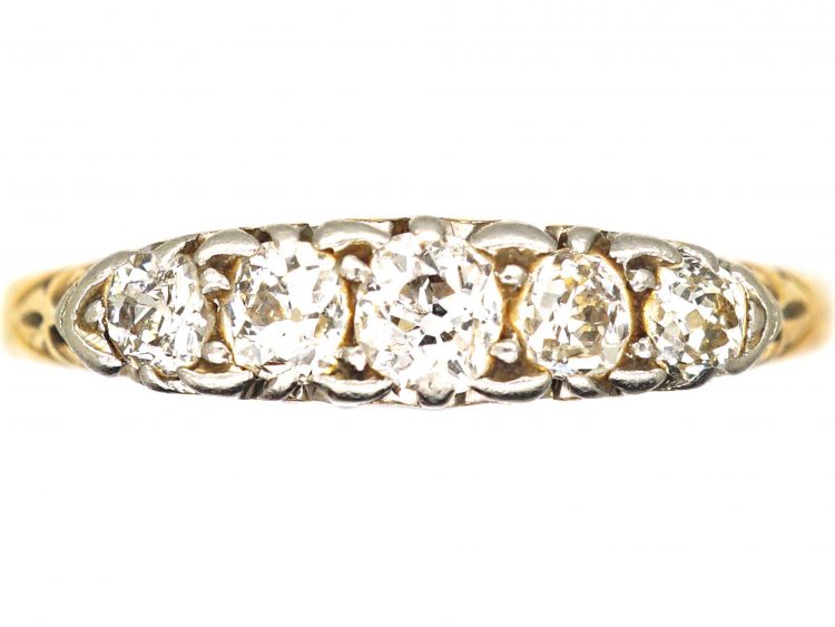 Edwardian 18ct Gold, Five Stone Old Mine Cut Diamond Ring