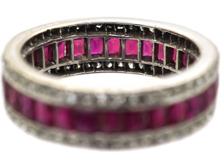 18ct White Gold Princess Cut Ruby & Diamond Three Row Eternity Ring