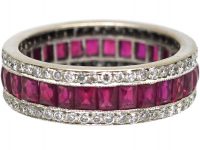 18ct White Gold Princess Cut Ruby & Diamond Three Row Eternity Ring