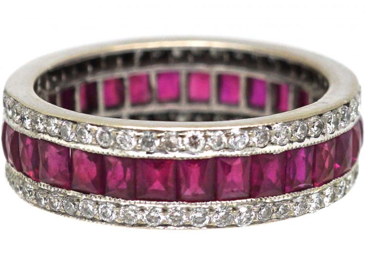 18ct White Gold Princess Cut Ruby & Diamond Three Row Eternity Ring