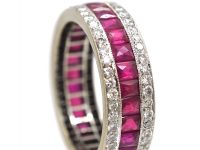 18ct White Gold Princess Cut Ruby & Diamond Three Row Eternity Ring