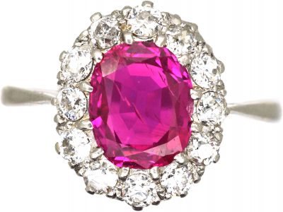 Early 20th Century Platinum, Unheated Burma Ruby & Diamond Cluster Ring