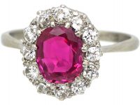 Early 20th Century Platinum, Unheated Burma Ruby & Diamond Cluster Ring