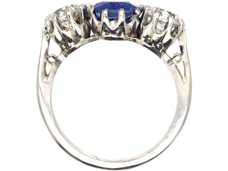 Mid-Century 18ct White Gold Unheated Burma Sapphire & Diamond Three Stone Ring