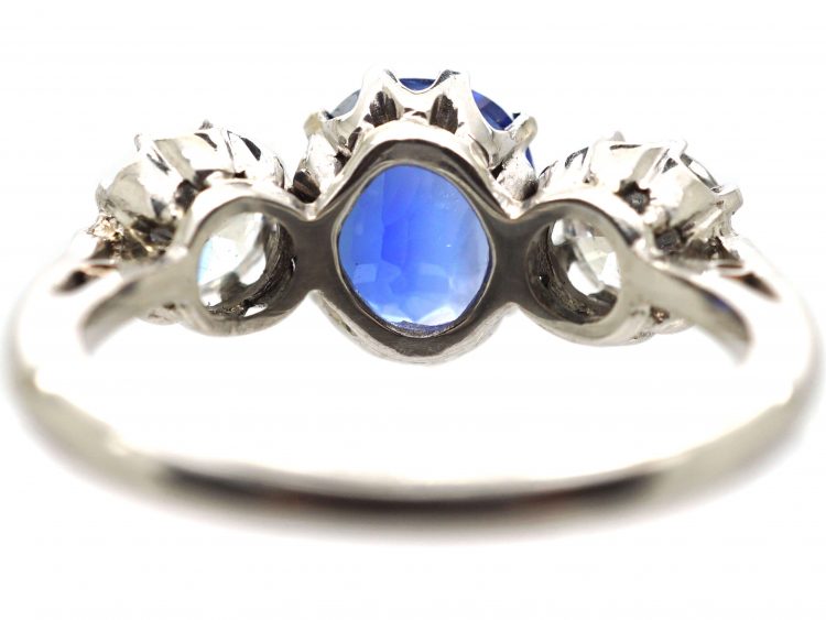 Mid-Century 18ct White Gold Unheated Burma Sapphire & Diamond Three Stone Ring