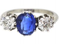 Mid-Century 18ct White Gold Unheated Burma Sapphire & Diamond Three Stone Ring