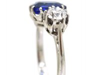 Mid-Century 18ct White Gold Unheated Burma Sapphire & Diamond Three Stone Ring
