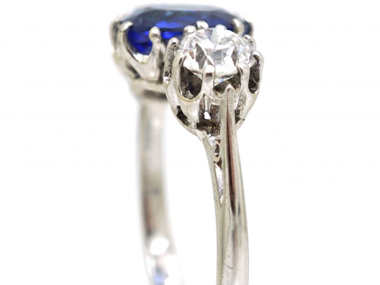 Mid-Century 18ct White Gold Unheated Burma Sapphire & Diamond Three Stone Ring