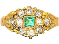 Georgian 18ct Gold, Square Cut Emerald & Diamond Cluster Ring
