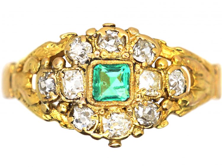 Georgian 18ct Gold, Square Cut Emerald & Diamond Cluster Ring