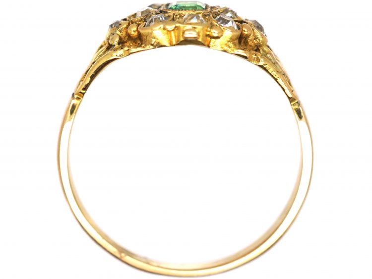 Georgian 18ct Gold, Square Cut Emerald & Diamond Cluster Ring