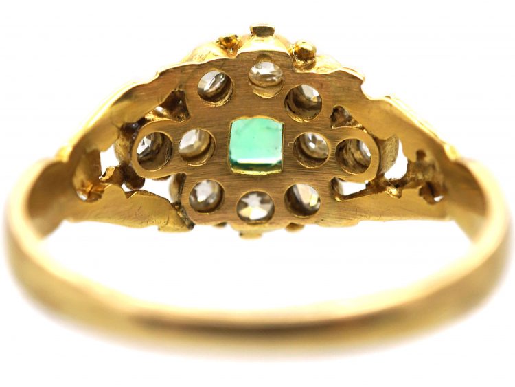 Georgian 18ct Gold, Square Cut Emerald & Diamond Cluster Ring