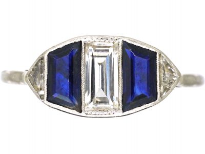 Art Deco Platinum, Baguette Cut Sapphire & Diamond Ring