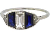 Art Deco Platinum, Baguette Cut Sapphire & Diamond Ring