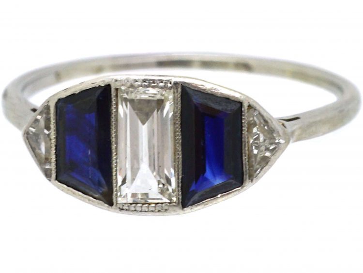 Art Deco Platinum, Baguette Cut Sapphire & Diamond Ring