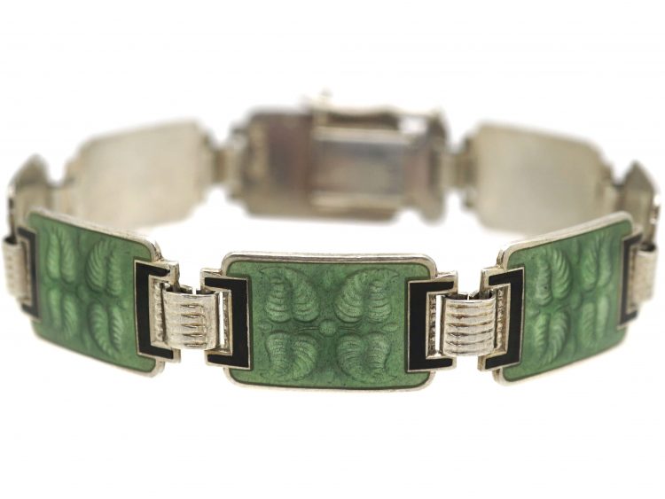 Norwegian Retro Silver & Green & Black Enamel Leaf Motif Bracelet by Aksel Holmsen