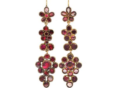 Georgian 9ct Gold Long Drop Triple Pansy Earrings