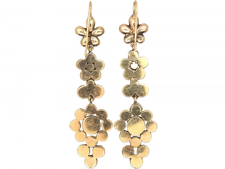 Georgian 9ct Gold Long Drop Triple Pansy Earrings
