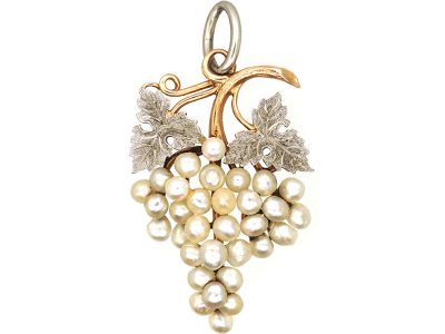 Edwardian 15ct Gold & Platinum Grapes Pendant set with Natural Pearls