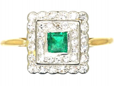 Art Deco 18ct Gold & Platinum Square Ring set with an Emerald & Diamonds