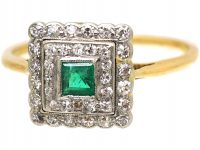 Art Deco 18ct Gold & Platinum Square Ring set with an Emerald & Diamonds