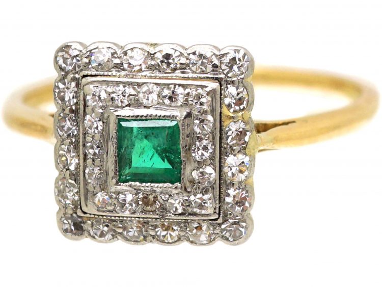 Art Deco 18ct Gold & Platinum Square Ring set with an Emerald & Diamonds