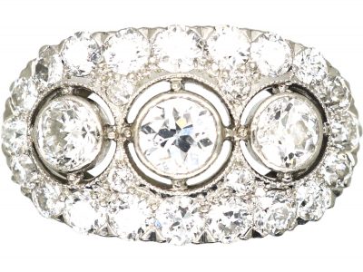 Art Deco Platinum Three Stone Diamond Oval Cluster Ring