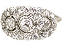 Art Deco Platinum Three Stone Diamond Oval Cluster Ring