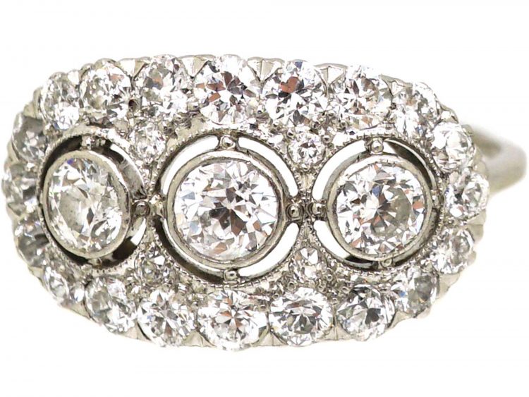 Art Deco Platinum Three Stone Diamond Oval Cluster Ring