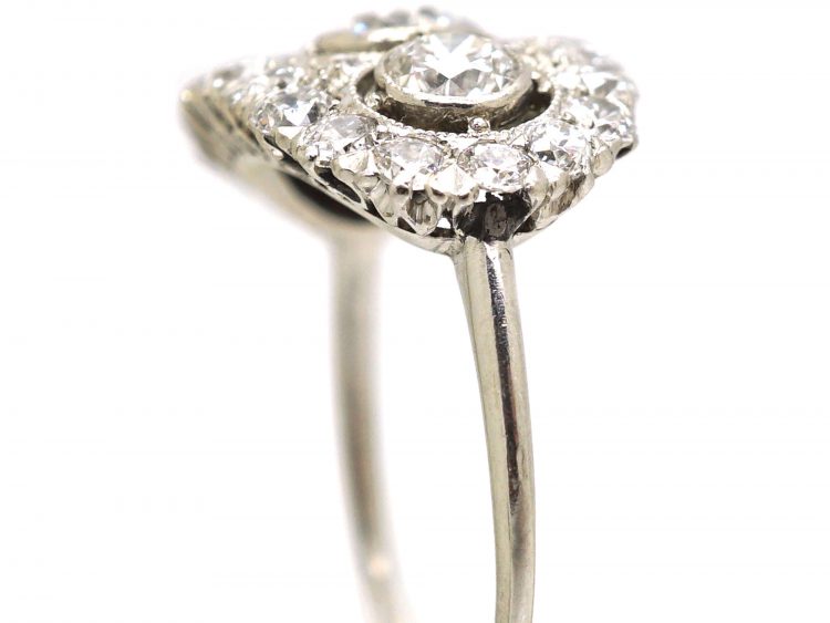 Art Deco Platinum Three Stone Diamond Oval Cluster Ring