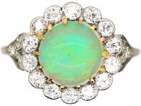 Early 20th Century 18ct White Gold & Platinum, Opal & Diamond Cluster Ring with Diamond Set Shoulders