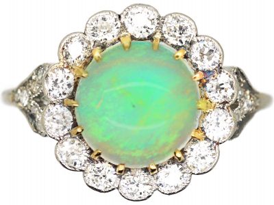 Early 20th Century 18ct White Gold & Platinum, Opal & Diamond Cluster Ring with Diamond Set Shoulders