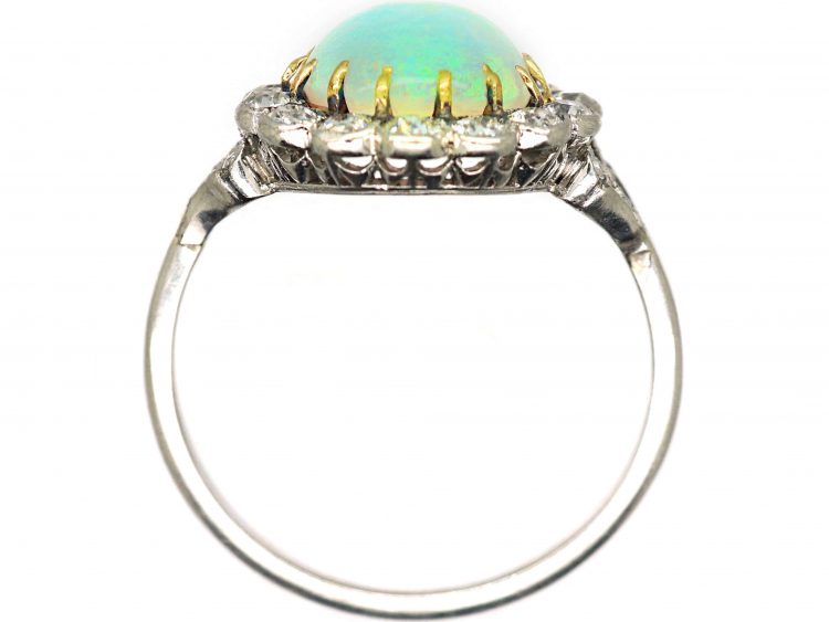 Early 20th Century 18ct White Gold & Platinum, Opal & Diamond Cluster Ring with Diamond Set Shoulders