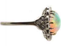 Early 20th Century 18ct White Gold & Platinum, Opal & Diamond Cluster Ring with Diamond Set Shoulders