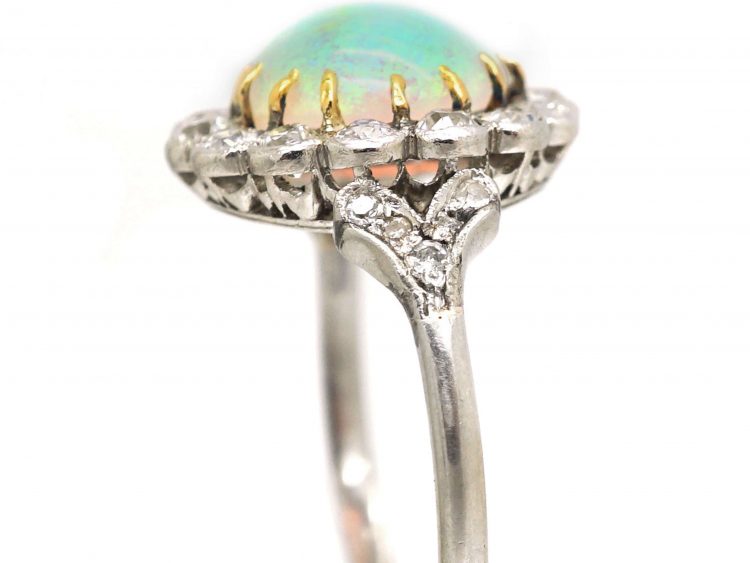 Early 20th Century 18ct White Gold & Platinum, Opal & Diamond Cluster Ring with Diamond Set Shoulders