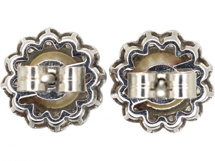 Edwardian 18ct White Gold, Diamond & Pearl Cluster Earrings