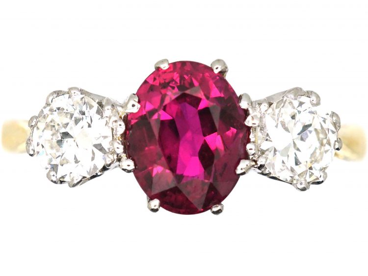 Early 20th Century 18ct Gold & Platinum, Ruby & Diamond Three Stone Ring