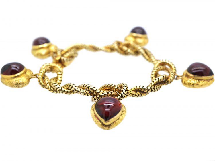 Early Victorian 18ct Gold Lover's Knot Bracelet with Five Hearts set with Cabochon Garnets