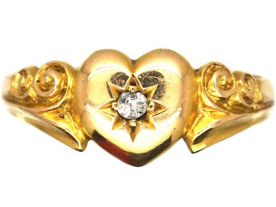 Edwardian 18ct Gold Ring with Heart Motif set with a Diamond