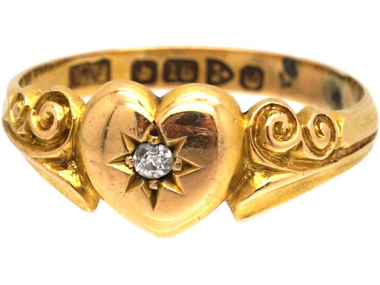 Edwardian 18ct Gold Ring with Heart Motif set with a Diamond
