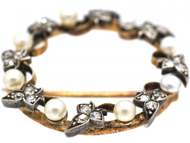 Edwardian Diamond & Natural Pearl Ivy Leaf Wreath Brooch