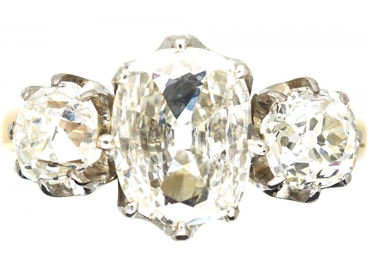Edwardian 18ct Gold & Platinum Large Three Stone Old Mine Cut Diamond Ring