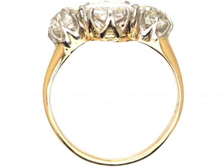 Edwardian 18ct Gold & Platinum Large Three Stone Old Mine Cut Diamond Ring